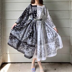 Handmade Black&White Half&Half Split Bandana Midi Dress